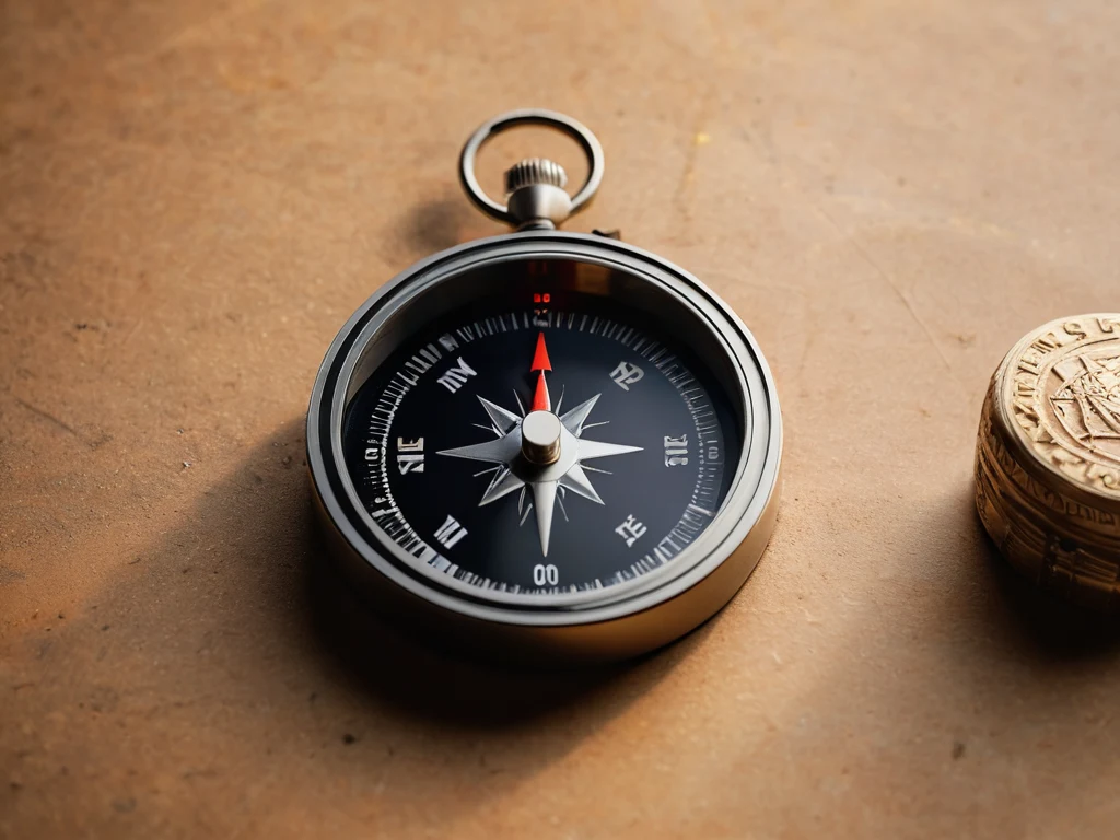 Фотография старинного компаса на фоне текстурированной бумаги, символизирующая определение личных ценностей и поиск своего пути.