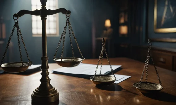 Фотография старинных весов правосудия на деревянном столе, символизирующая баланс между творчеством и коммерцией, и сложности их сосуществования.