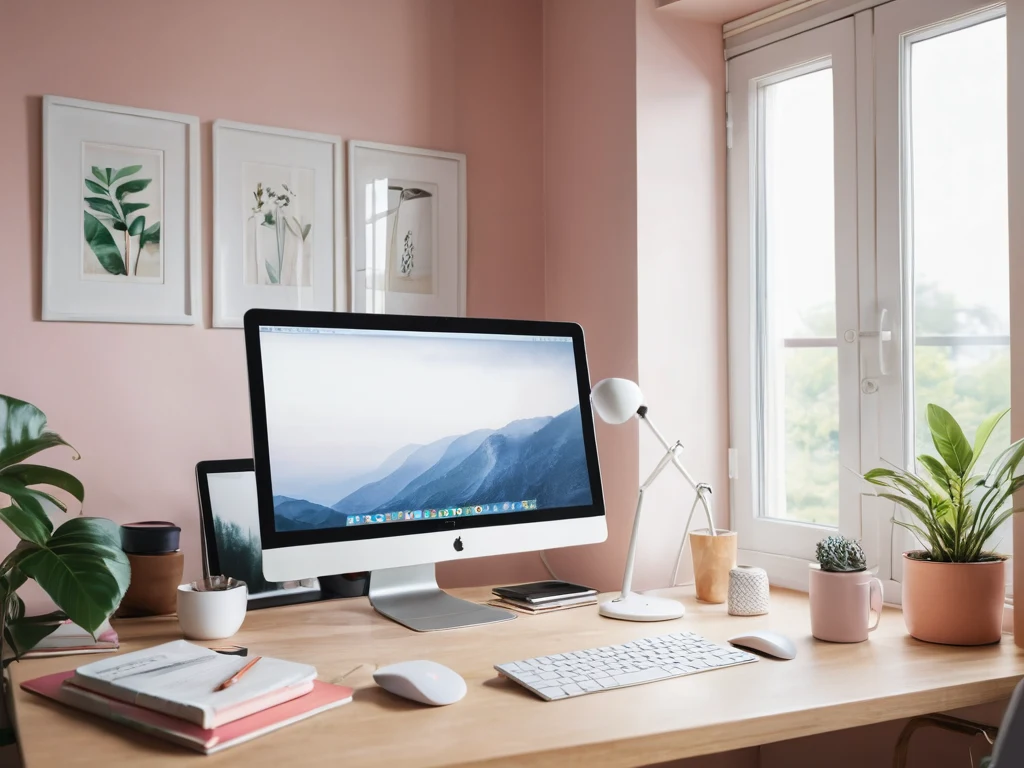 Фотография современного рабочего пространства с компьютером, растениями и книгами, символизирующая установление границ и защиту своего времени.