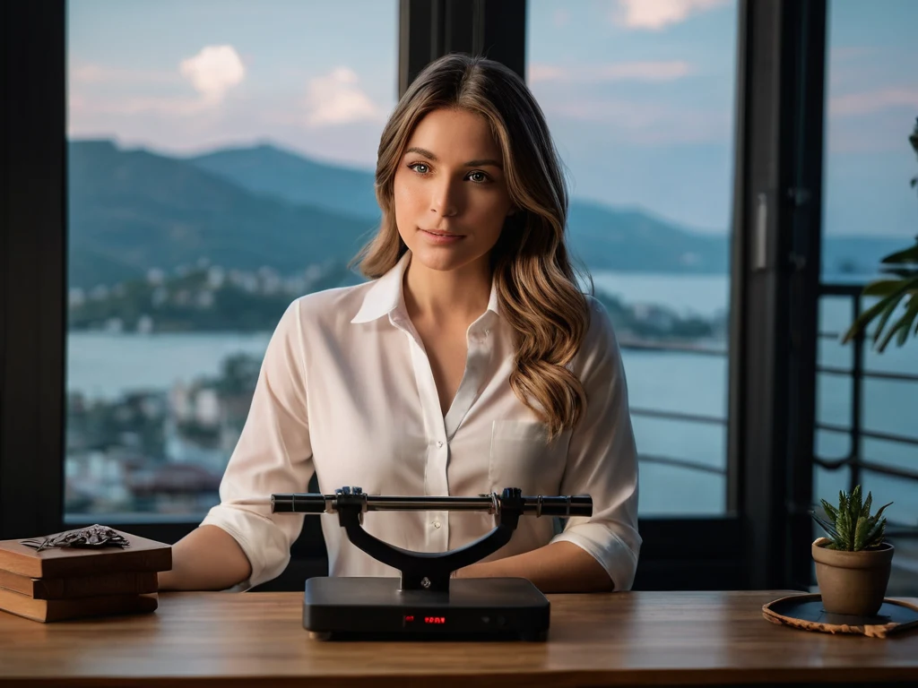 Женщина, сидящая за столом с весами, символизирует поиск баланса между профессиональными и личными целями.