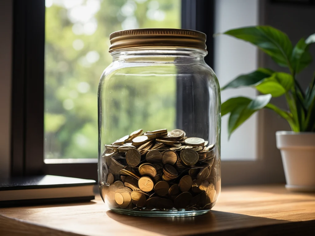 Стеклянная банка, наполненная монетами, символизирует финансовую подушку безопасности и независимость для фотографа.