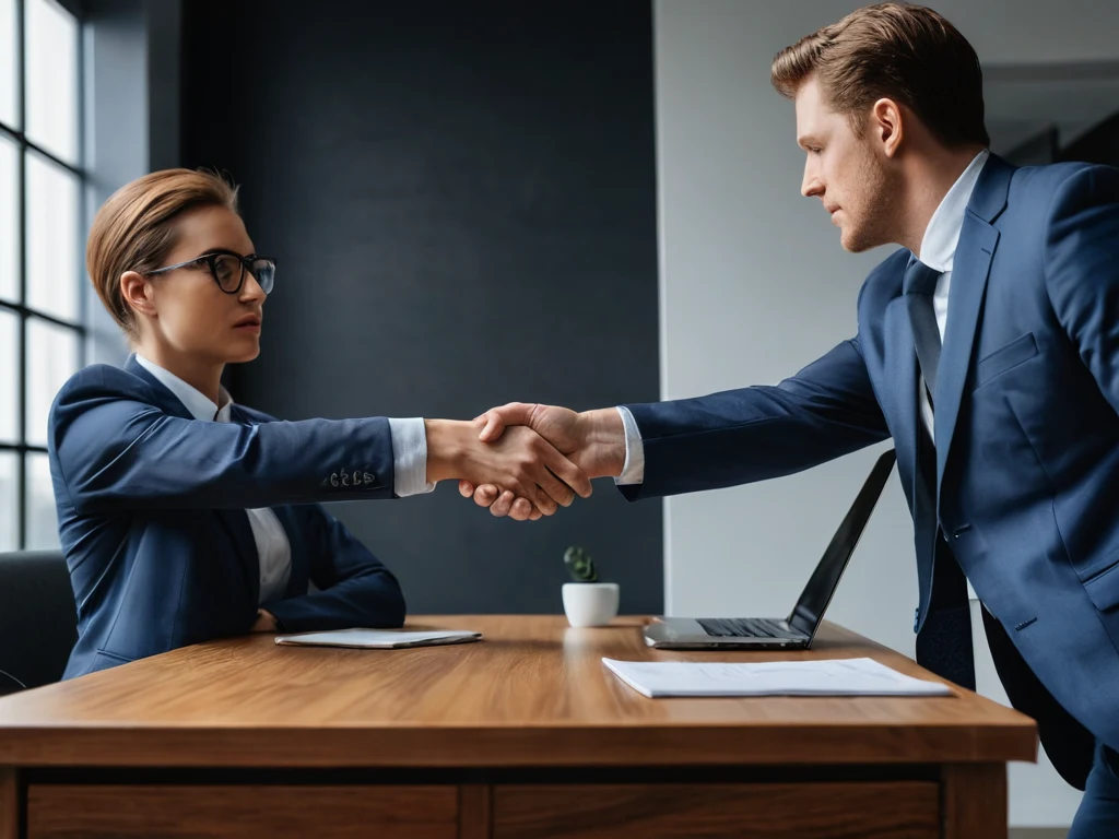 Деловые люди пожимают руки за столом переговоров, символизируя заключение сделки или достижение соглашения в коммерческой съемке.