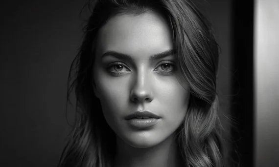 Черно-белый портрет молодой женщины с пронзительным взглядом, демонстрирующий силу и уязвимость в коммерческой фотографии.