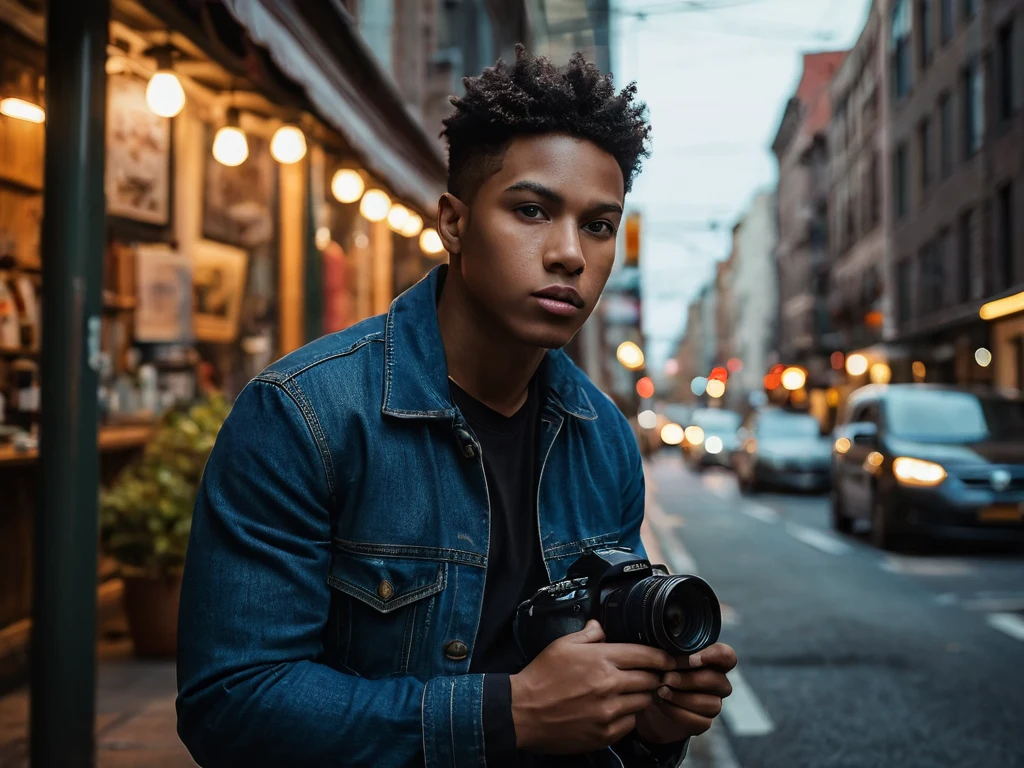 Портрет молодого человека с камерой на городской улице, окруженный огнями и движением, отражающий его страсть к уличной фотографии.