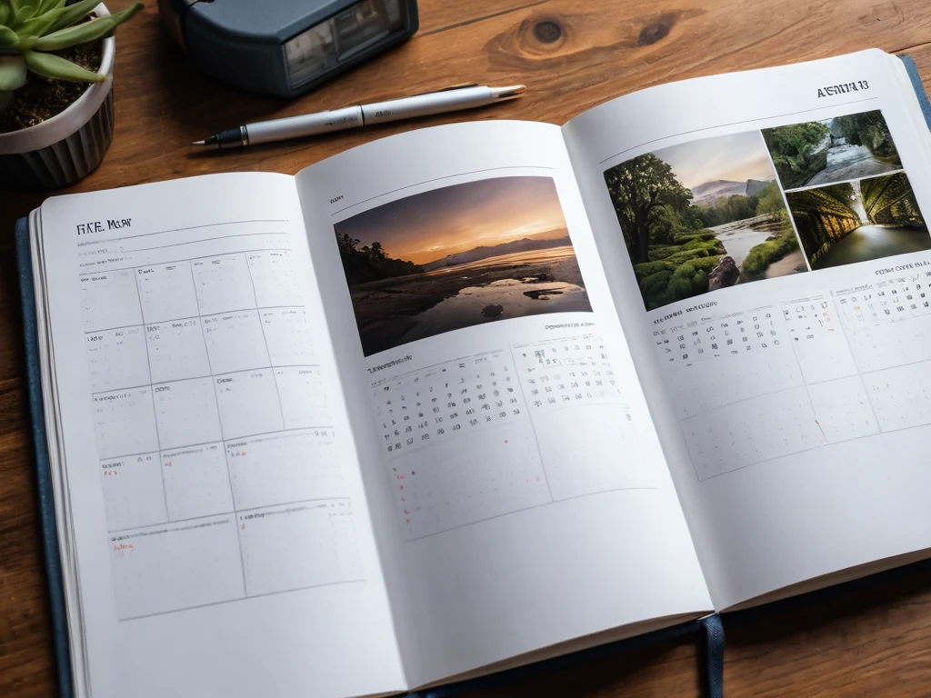Фотография открытого ежедневника с планами, заметками и вдохновляющими изображениями, символизирующая процесс планирования и реализации фотопроекта.