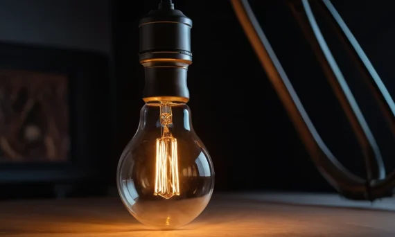 Фотография лампочки Эдисона на деревянной поверхности, демонстрирующая игру света и тени, создающая уютную атмосферу.