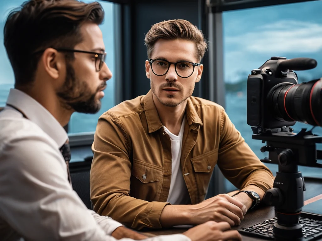 Два мужчины, фотограф и его наставник, обсуждают снимки на экране компьютера. Изображение отражает процесс получения обратной связи и профессионального развития.