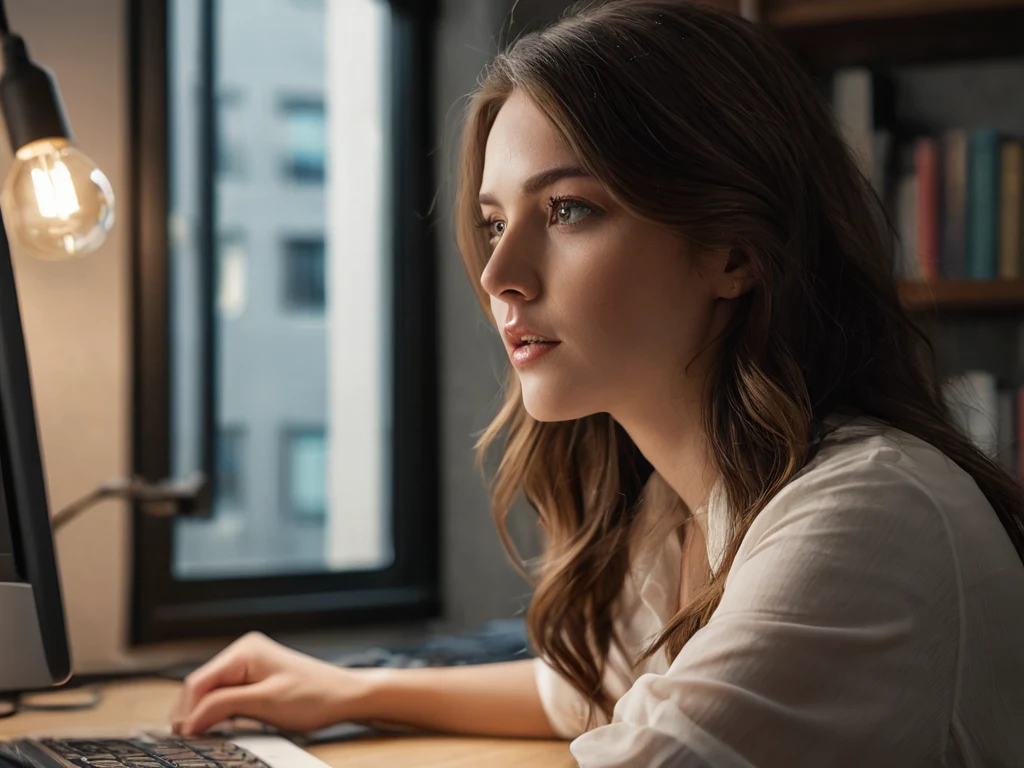 Foto einer Fotografin, die an einem Computer arbeitet und ihre Bilder analysiert, was die Bedeutung der Nachbearbeitung zeigt.