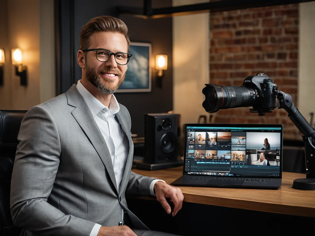 Фотография уверенного в себе фотографа, работающего за компьютером. Иллюстрирует успешную карьеру, творческий подход и долгосрочные отношения с клиентами.