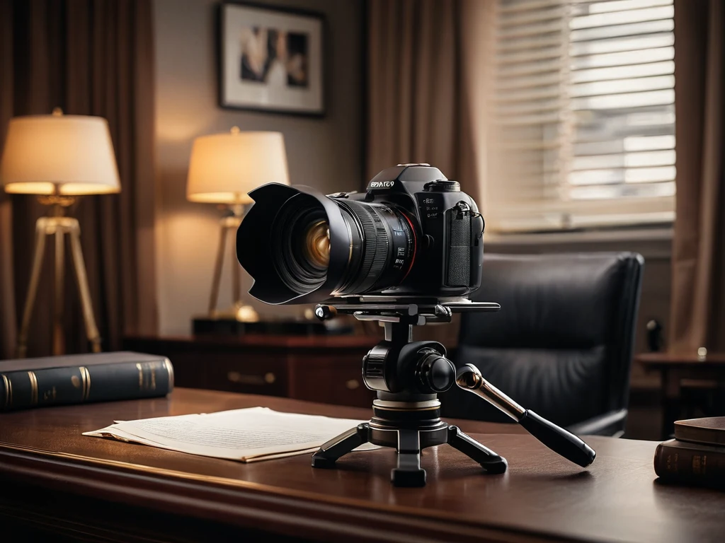 Фотография камеры на штативе в интерьере кабинета. Символизирует профессионализм, надежность и внимание к деталям в работе фотографа.