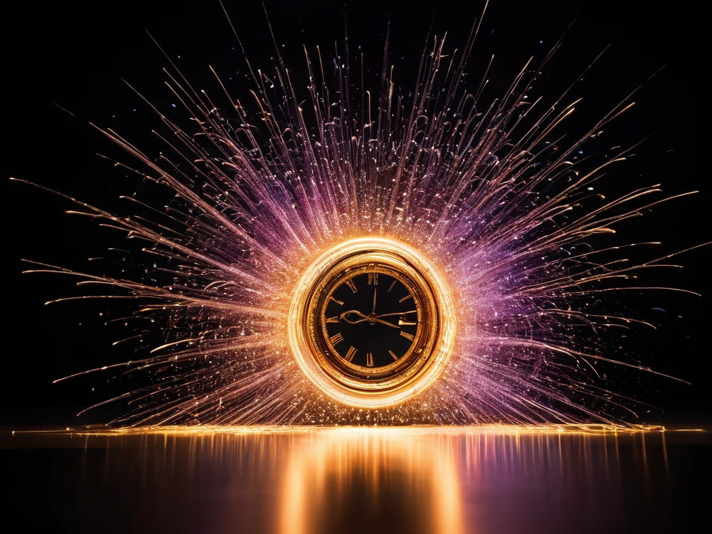 Photograph of a night landscape with a clock surrounded by bright sparks, symbolizing a flow of ideas and inspiration.