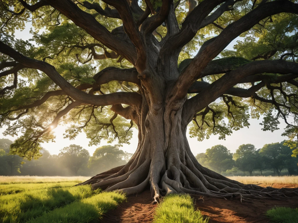 Photograph of a large tree with a sprawling crown, illuminated by sun rays, symbolizing creative growth and longevity.