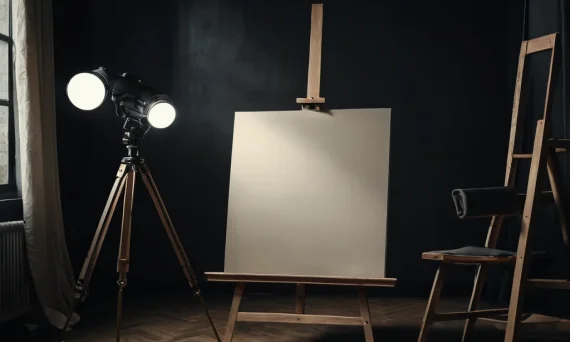 Фотография студии художника с мольбертом и чистым холстом, символизирующая творческий застой и необходимость вдохновения.
