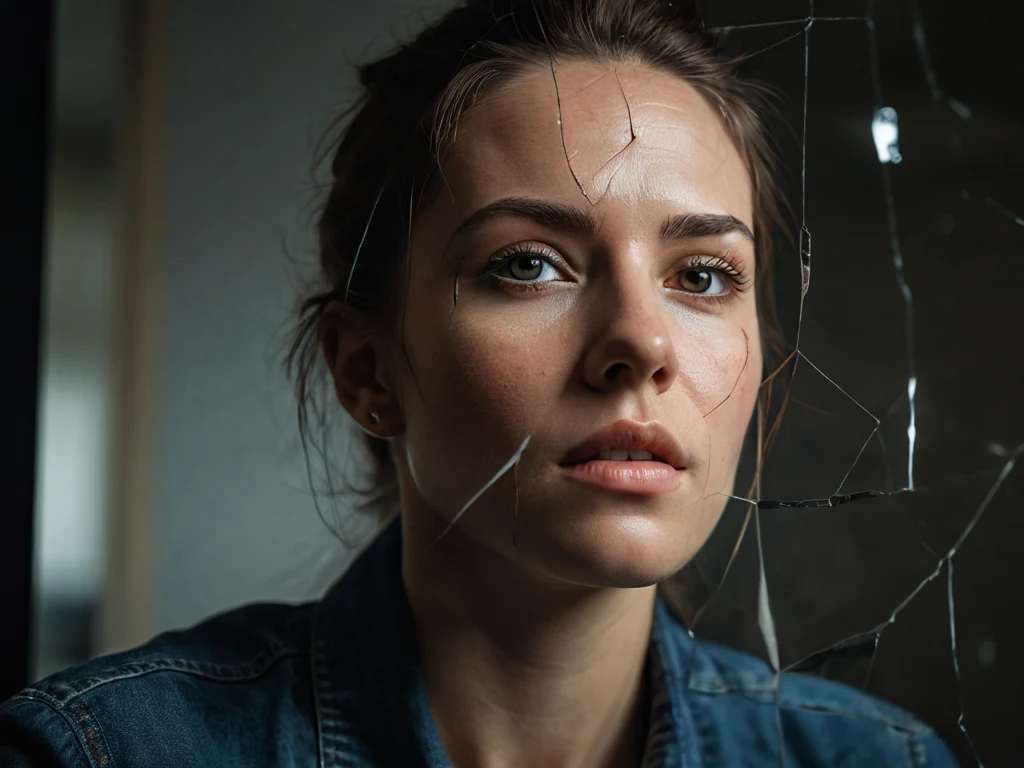 Portrait of a woman whose face is partially reflected in a broken mirror, symbolizing loss of confidence and creative crisis.