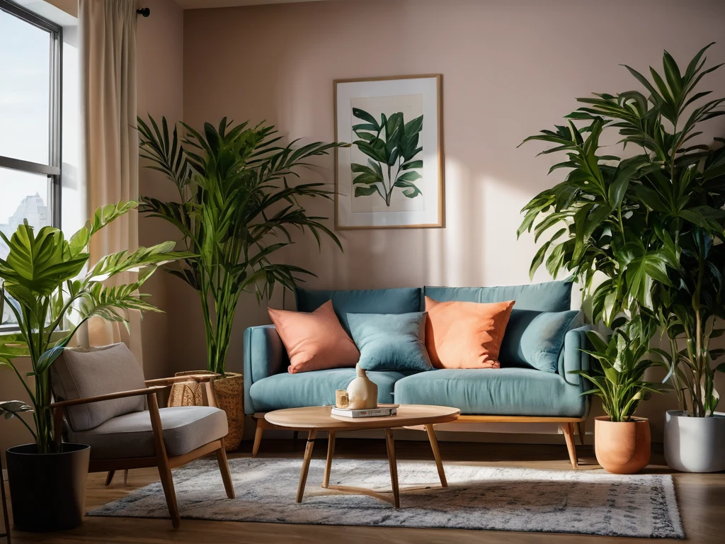 A cozy living room with plants and soft furniture, symbolizing comfort, relaxation, and self-care.