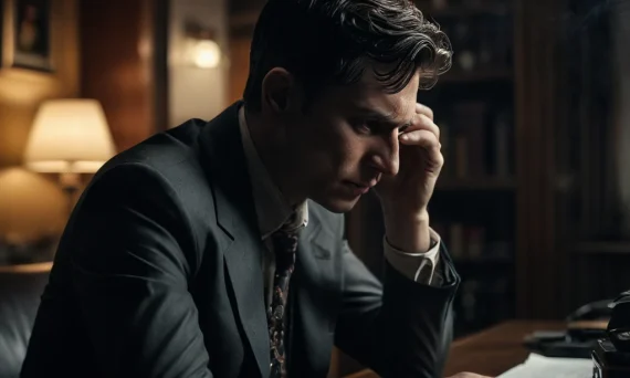 Мужчина в костюме, сидящий за столом, выглядит подавленным и уставшим, символизируя выгорание и кризис.