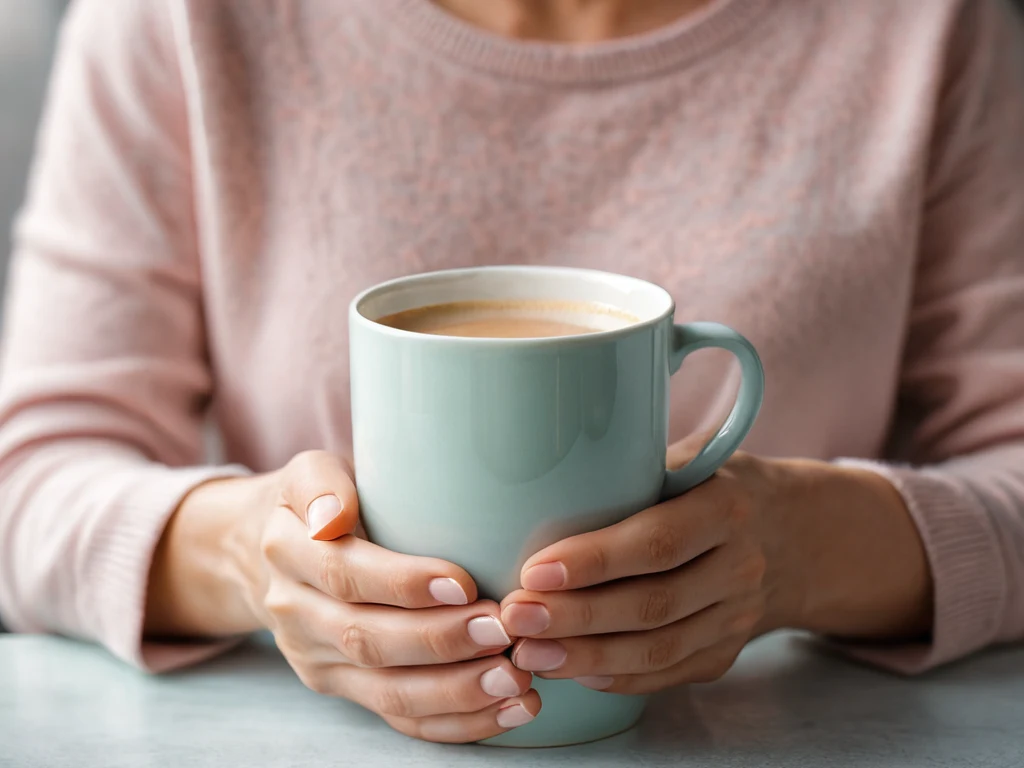 Female hands gently cup a warm cup of coffee, symbolizing comfort, self-care, and a pause.