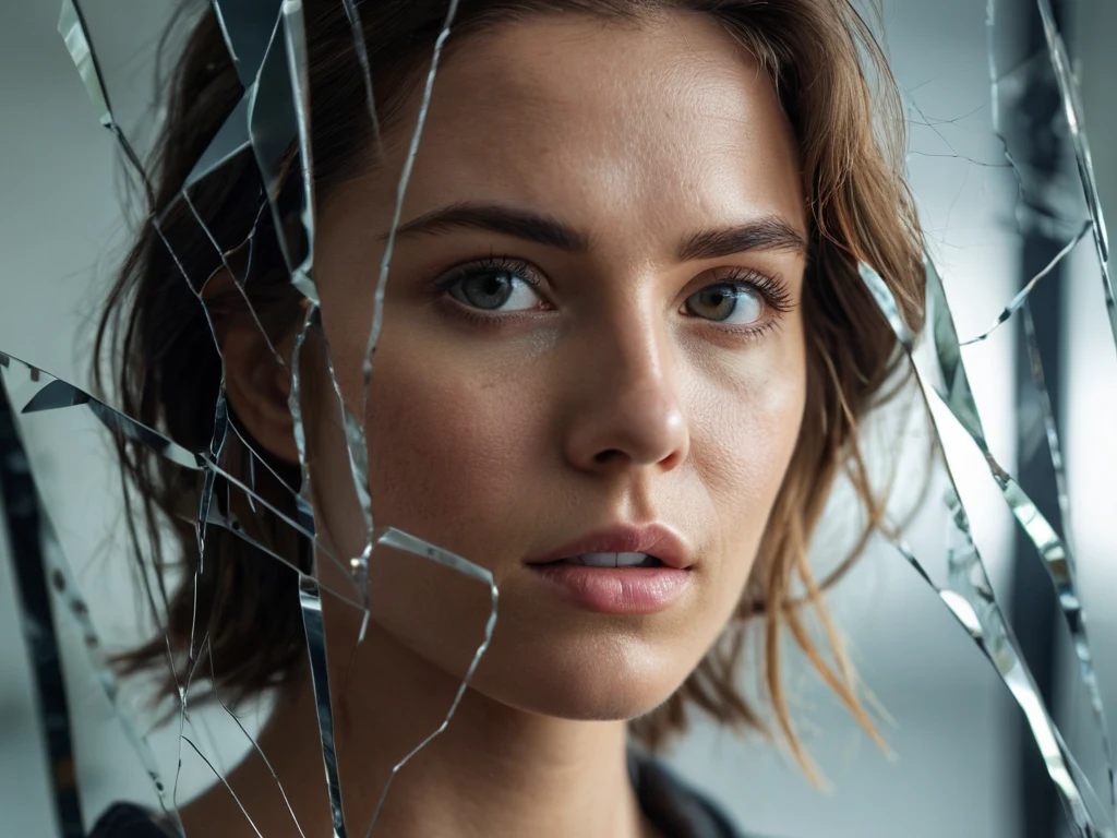 A woman looks at the camera through a broken mirror, symbolizing inner struggle, self-reflection, and the search for a new identity.