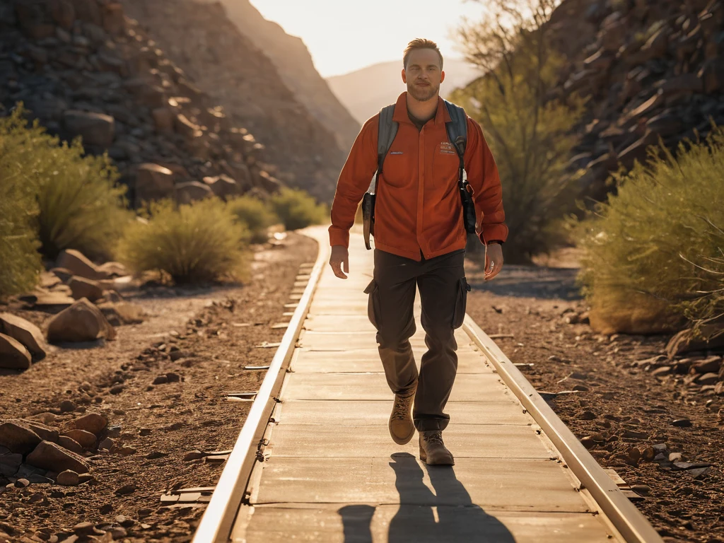 A man walks along train tracks in a desert, symbolizing moving forward, overcoming obstacles, and finding a new path.