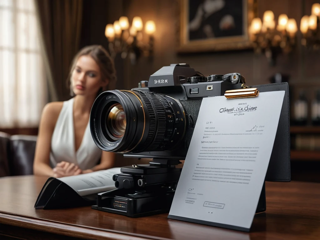 Фотография профессиональной камеры на штативе с модель-релизом на переднем плане, демонстрирующая связь между техникой и юридическими аспектами фотографии.