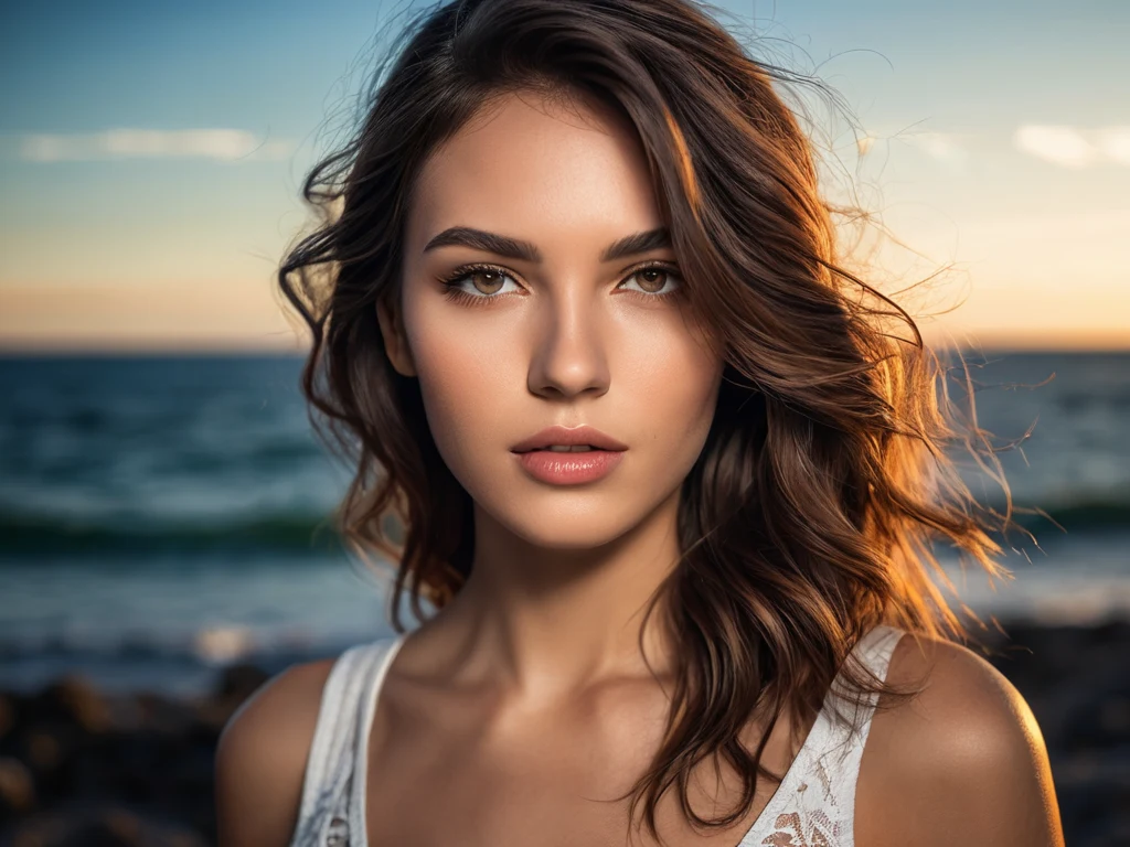 Красивая девушка с развевающимися волосами на фоне моря и заката. Пример фотографии, обработанной с использованием продвинутых техник Lightroom.