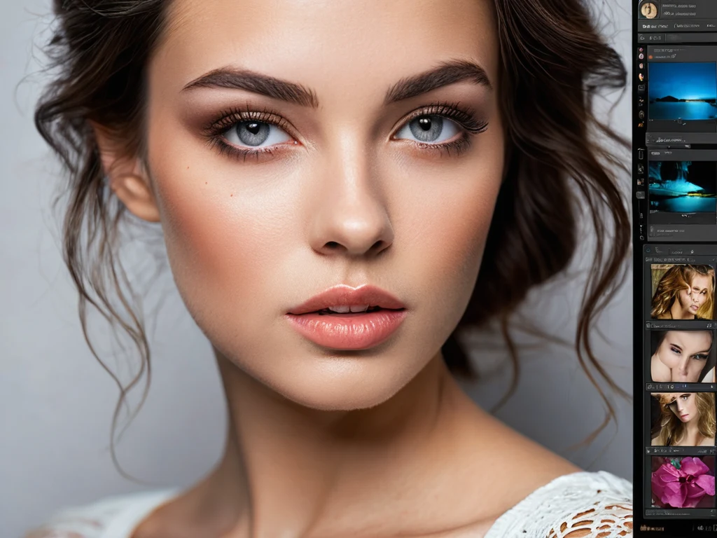 Крупный план красивой девушки с ярким макияжем и уложенными волосами. Изображение демонстрирует пример профессиональной обработки в Lightroom.