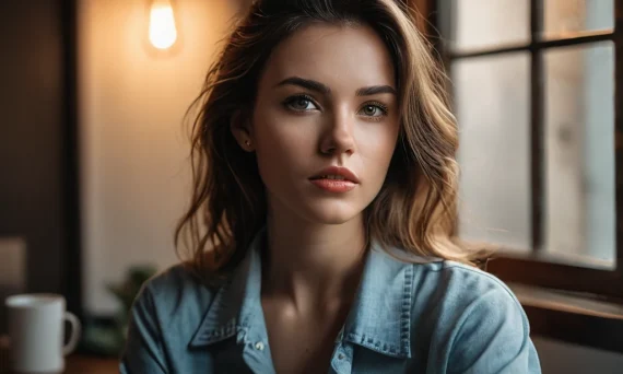 Красивая девушка смотрит в камеру на фоне окна и лампы. Портретная фотография с мягким освещением и естественным макияжем.