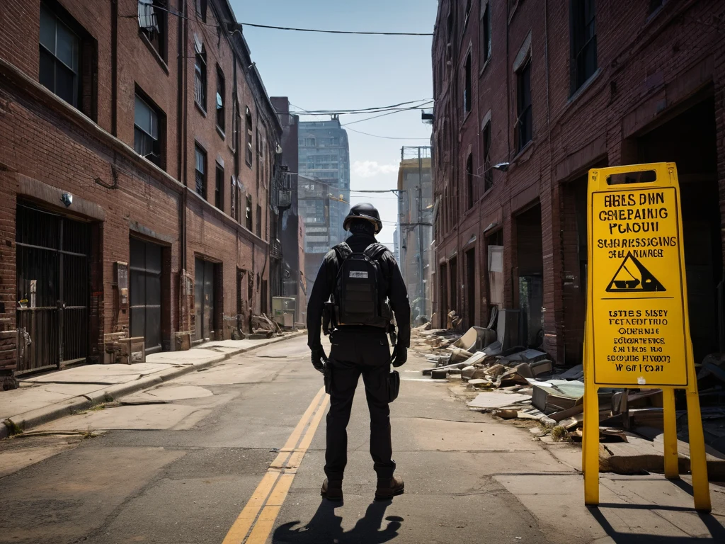 Фотография полицейского в полной экипировке, стоящего на заброшенной улице с разрушенными зданиями и предупреждающими знаками.