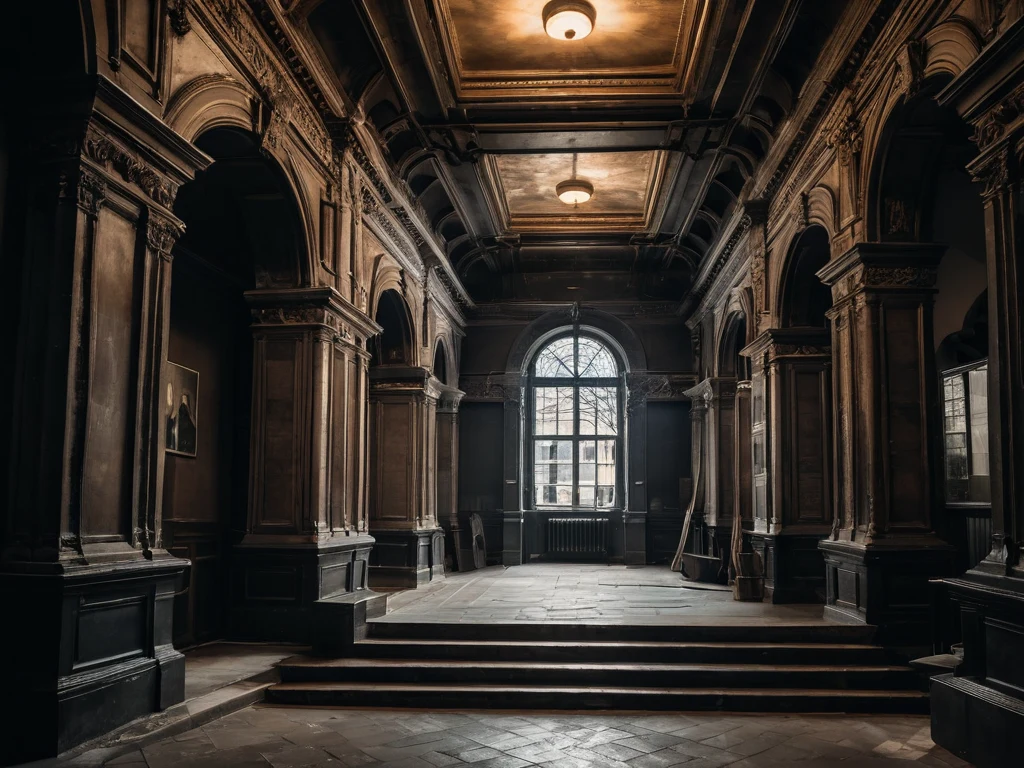 Фотография заброшенного дворца с высокими потолками, колоннами и большим окном, создающая атмосферу таинственности и упадка.