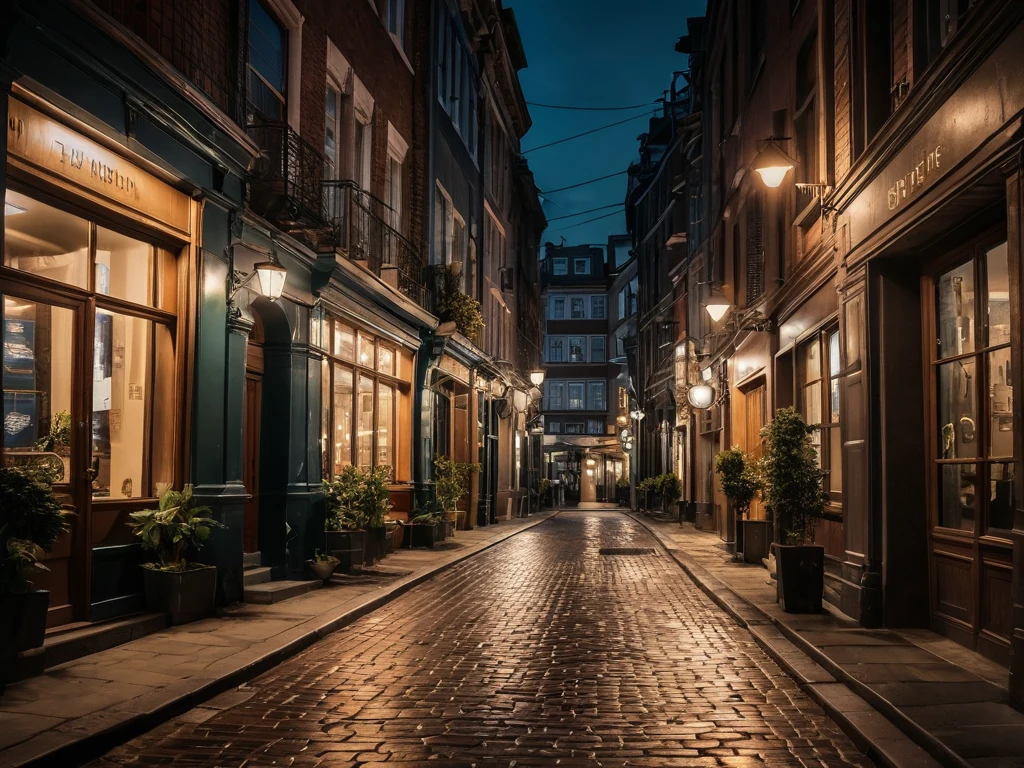 Фотография узкой, мощеной улочки в старом городе, освещенной фонарями и окруженной старинными зданиями.