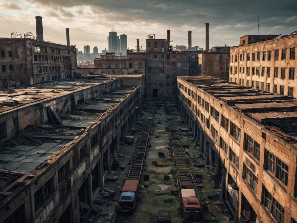 Фотография заброшенного промышленного комплекса с разрушенными зданиями, железнодорожными путями и силуэтом города на горизонте.