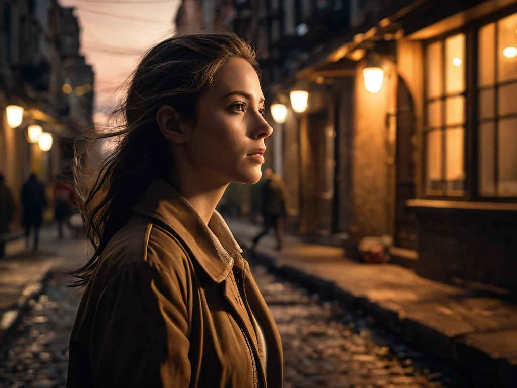 Красивый портрет девушки, задумчиво смотрящей вдаль на фоне старинной улицы, освещенной мягким светом фонарей.