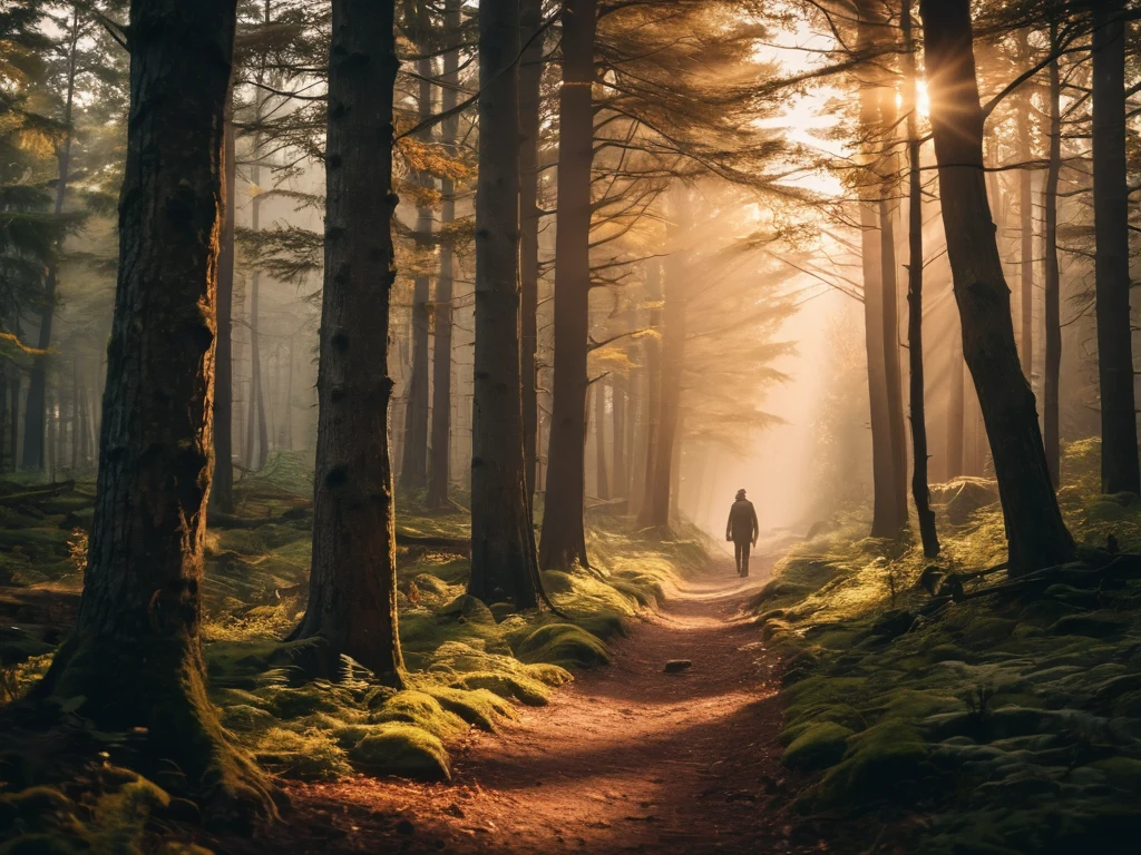 Мужчина идет по лесной тропе, солнечные лучи пробиваются сквозь деревья, пейзажная фотография, лесной пейзаж, природа, свет и тень.