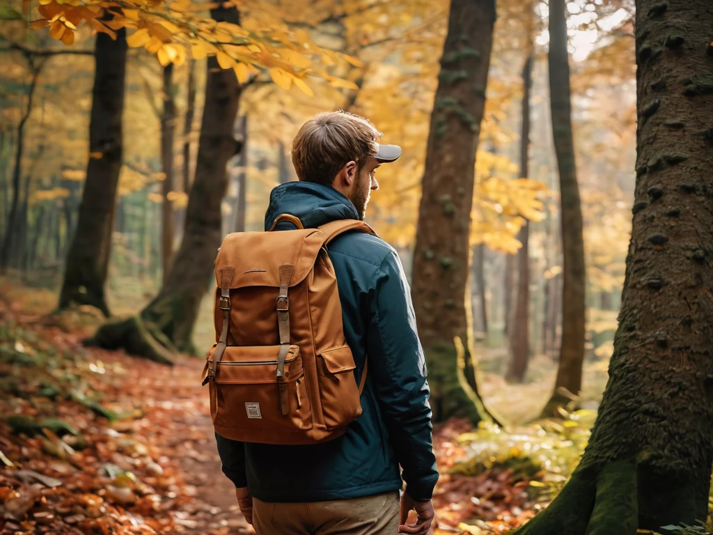 Мужчина с рюкзаком идет по осеннему лесу, вид сзади, фото для блога о подготовке к фотосессии, осенний лес, природа.