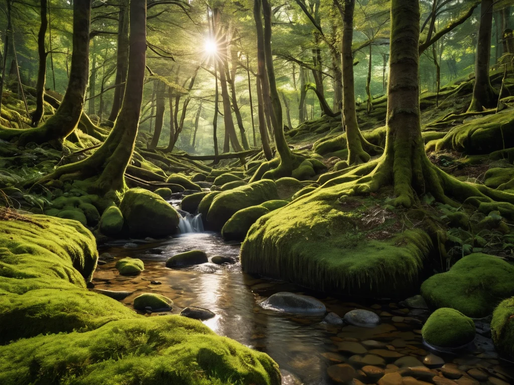 Ручей в лесу, покрытый мхом, зеленый лес, пейзажная фотография, природа, лесной ручей, мох, сказка.