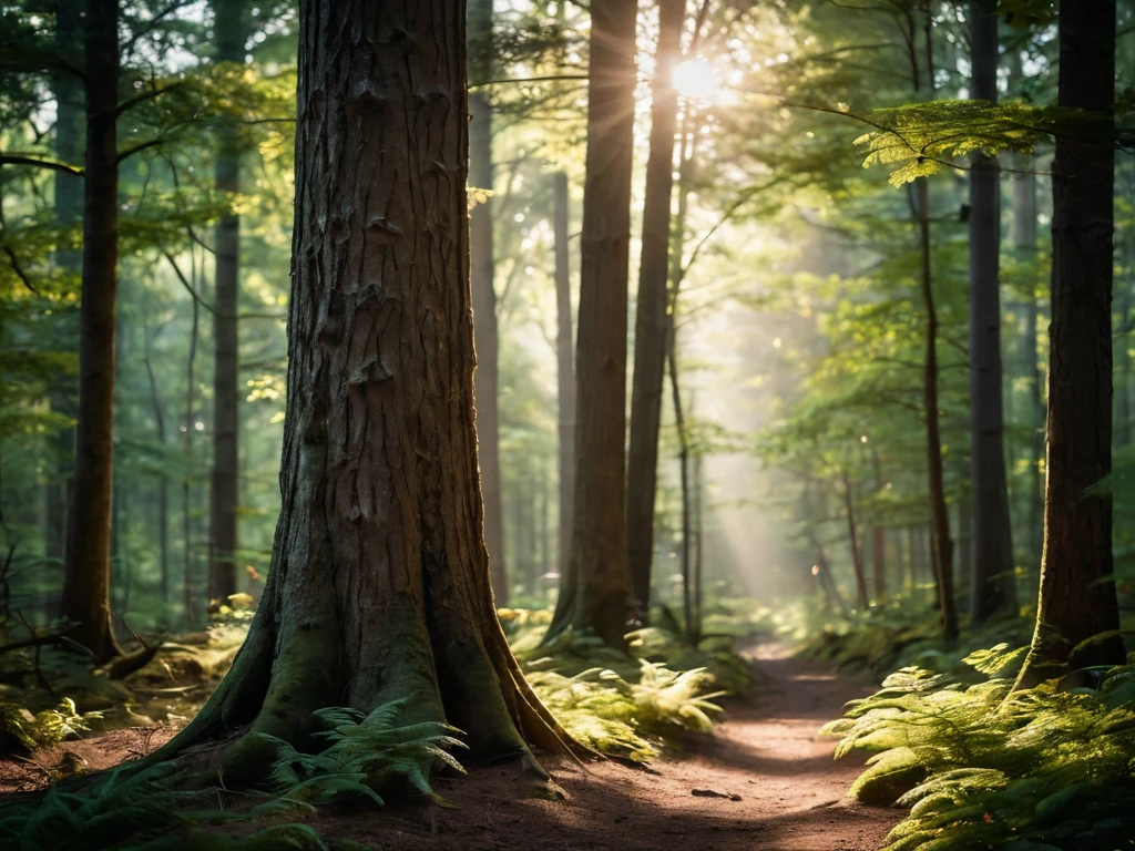 Лесная тропинка, солнечные лучи пробиваются сквозь деревья, пейзажная фотография, лесной пейзаж, природа, свет и тень.