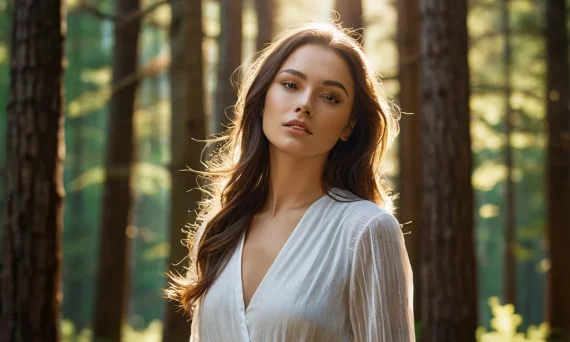 Красивая девушка в белой блузке в лесу, портретная съемка с мягким освещением, естественная красота, фотосессия в природе.
