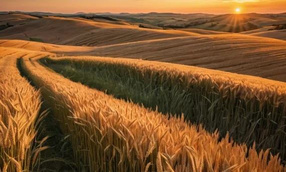Пейзаж с золотыми полями пшеницы на закате. Идеальное место для фотосессии на природе, демонстрирующее красоту сельской местности.