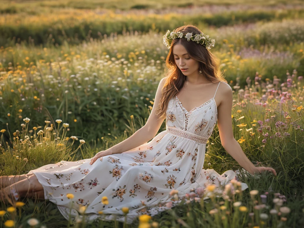 Молодая женщина в белом платье сидит в поле, полном диких цветов. Романтичная и воздушная фотография для вдохновения.