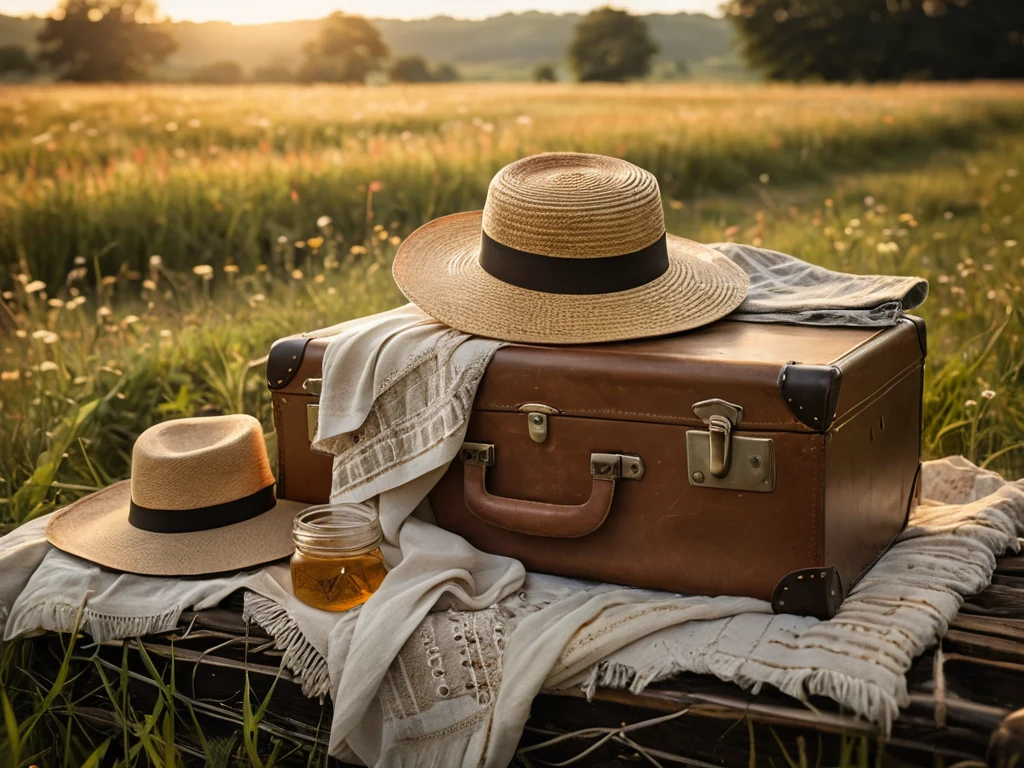 На траве лежат старинный чемодан, шляпы и банка меда. Реквизит для создания атмосферной и уютной фотосессии в поле.