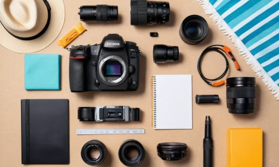 Раскладка фотооборудования для летней фотосессии: камера, объективы, аксессуары на бежевом фоне. Идеально для блога о фотографии.