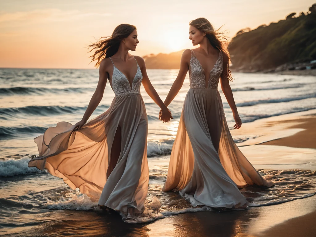 Две девушки держатся за руки на пляже на закате. Идеальный пример для статьи о позах для фотосессии у воды.