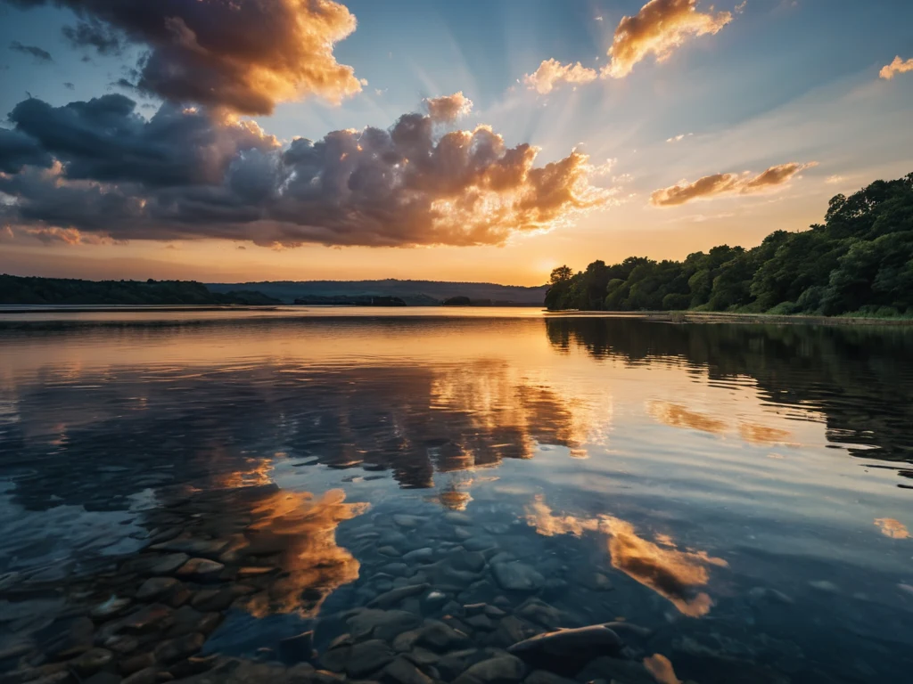 Пейзаж с отражением облаков в воде на закате. Красивый снимок для иллюстрации статьи о выборе времени для съемки.