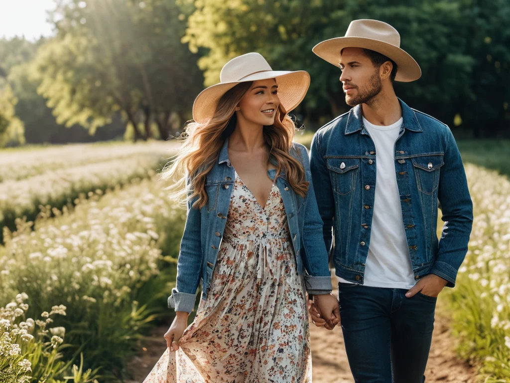 Молодая пара, держащаяся за руки, прогуливается по полю, полному белых цветов, создавая романтическую и нежную атмосферу.