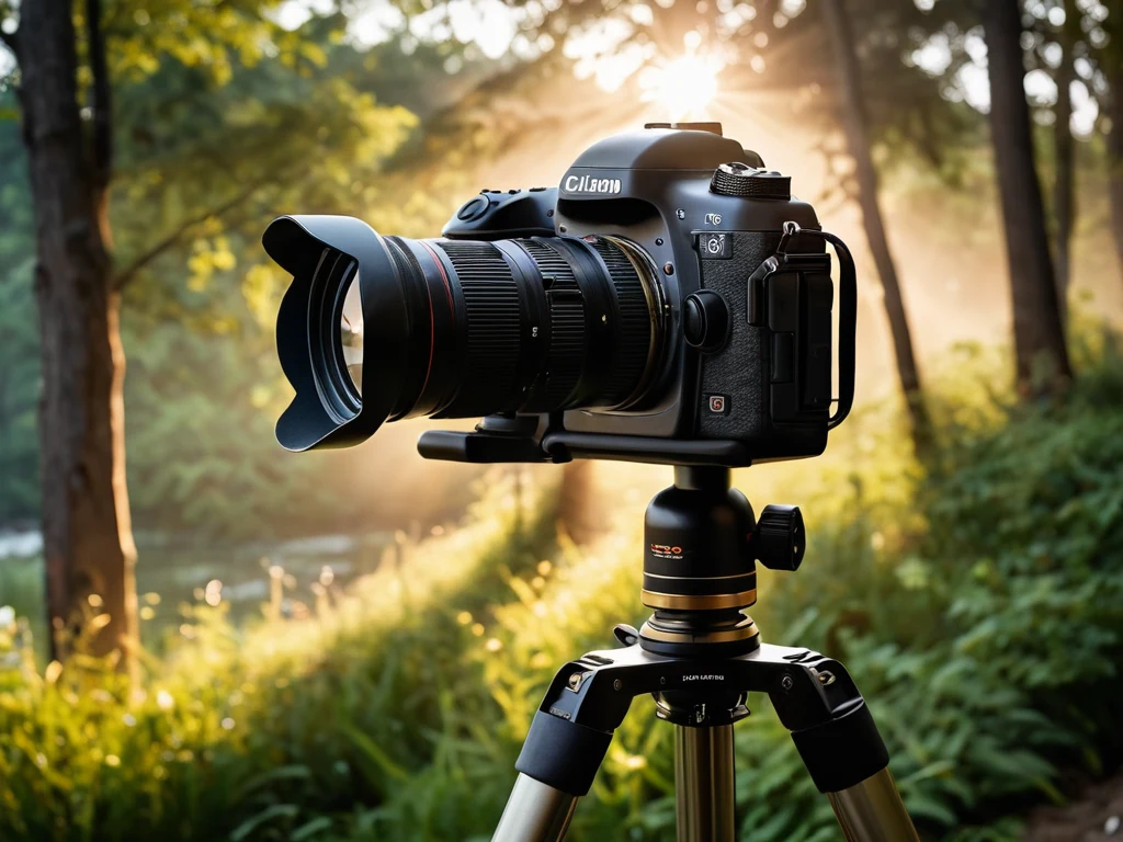 Профессиональная зеркальная камера установлена на штативе на фоне размытого весеннего леса, символизируя страсть к фотографии.