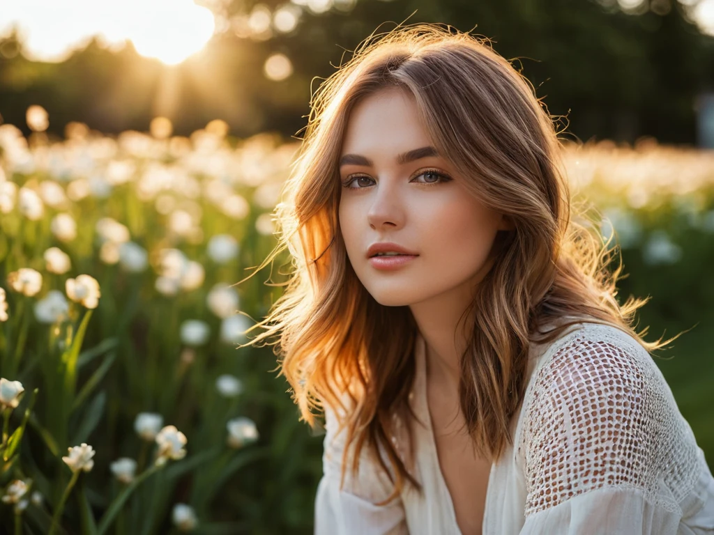 Красивая девушка с волнистыми волосами позирует на фоне поля белых цветов, создавая нежный и романтичный портрет.