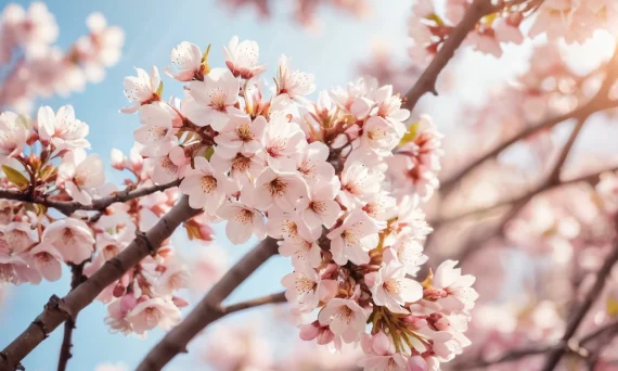 Крупный план цветущей сакуры с нежными розовыми цветами на фоне голубого неба, идеальное изображение для весенней фотосессии.