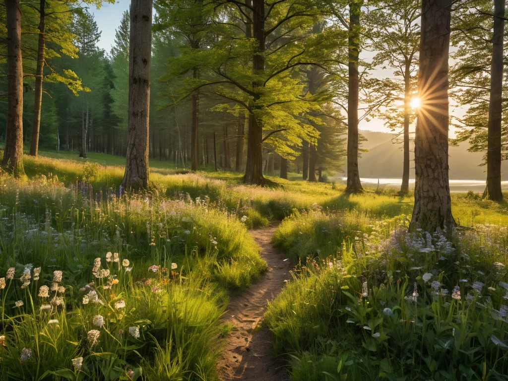 Живописная лесная тропинка, залитая солнечным светом, с высокой травой и деревьями по обеим сторонам, идеальное место для весенней фотосессии.