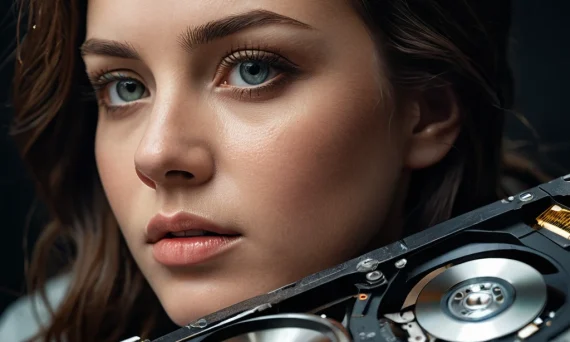 Портрет молодой женщины с задумчивым взглядом и жестким диском, символизирующим важность бэкапа фотографий и защиты данных.