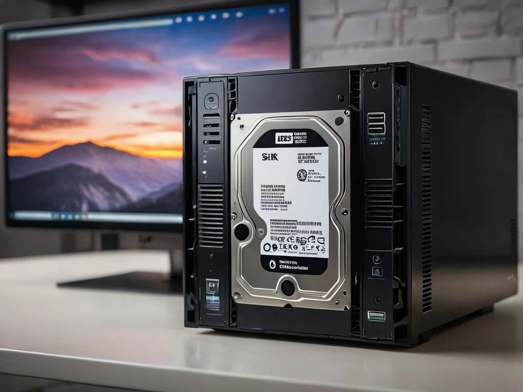 Изображение жесткого диска компьютера, подключенного к системному блоку, символизирующее физическое хранение фотоархива.